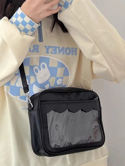 Bolso japonés Harajuku Ita – Bolso bandolera de piel sintética con bolsillo transparente para mujeres y estudiantes de secundaria, bolso de estilo uniforme JK, bolso de almacenamiento de moda Kawaii para coleccionistas y uso diario