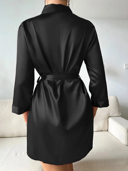 Women’s Summer Ice Silk Robe – Sexy Lace-Up Bathrobe Morning Gown Home Dress Loungewear