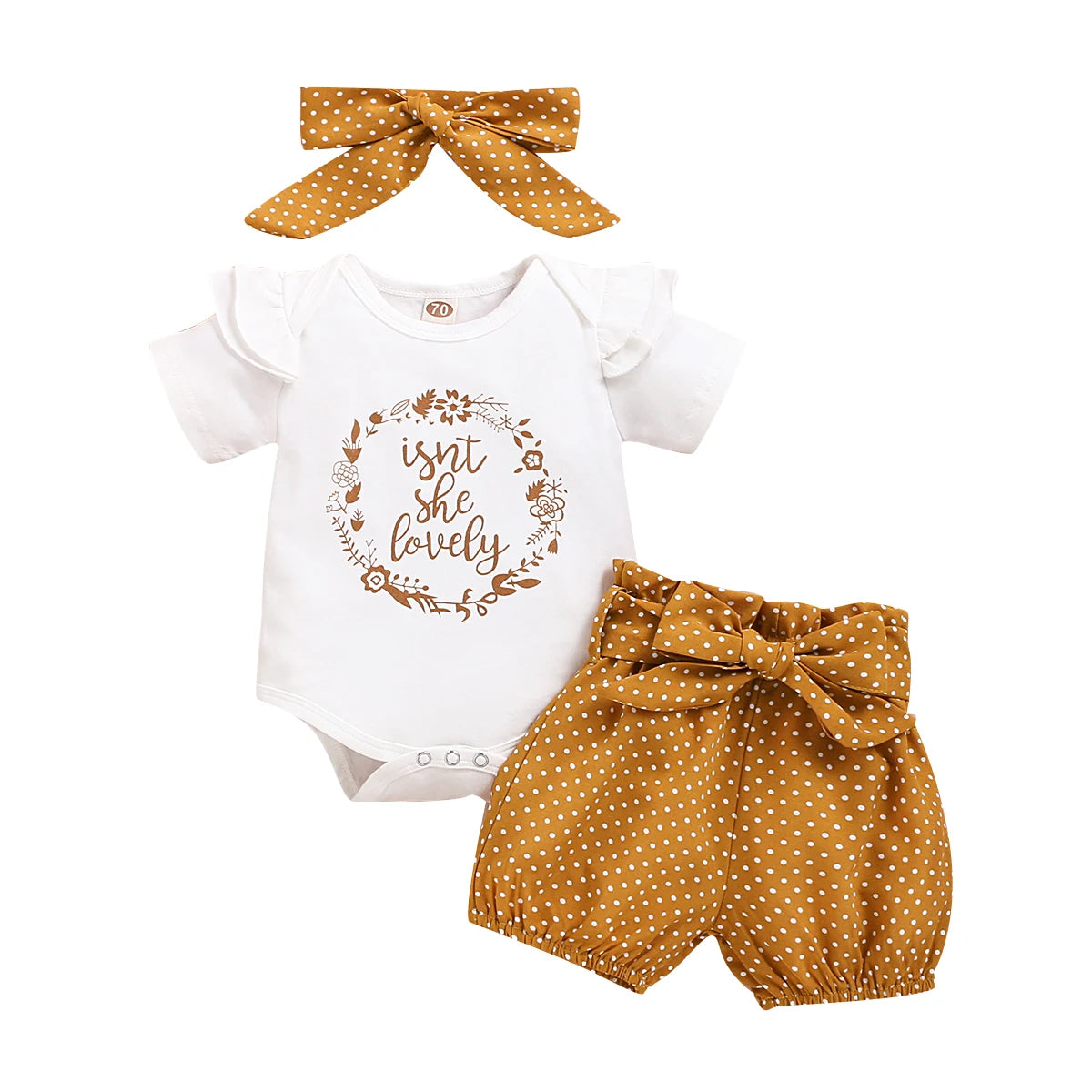 Baby Girl 3PCS Summer Outfit Set – Short Sleeve Bodysuit, Polka Dot Shorts & Headband for Infants