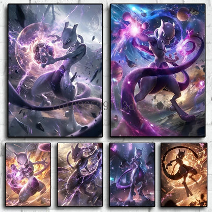 Pokémon Mewtwo HD Canvas Wall Art – Anime Watercolor Poster Print Modern Home Decor
