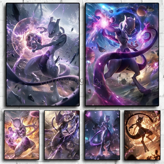 Póster de lienzo HD de Pokémon Mewtwo – Lámina de acuarela de anime, decoración moderna para el hogar