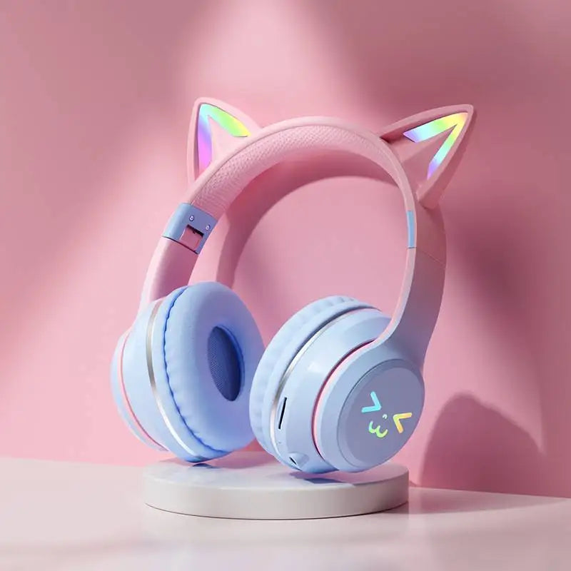 Gradient RGB Cat Ear Wireless Bluetooth Headphones – Cute Stereo Music Gaming Headset with Microphone for Girls & Kids, Fun Gift for Children