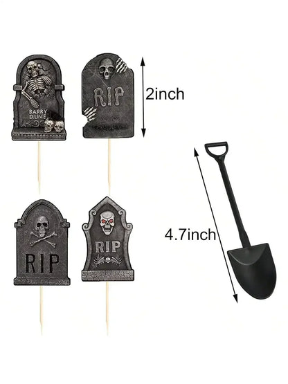 Multi-Piece Halloween Cupcake Toppers – Tombstone & Graveyard Cake Decorations with Novelty Mini Shovel Spoons for Halloween Parties