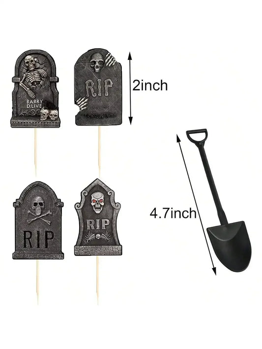 Multi-Piece Halloween Cupcake Toppers – Tombstone & Graveyard Cake Decorations with Novelty Mini Shovel Spoons for Halloween Parties