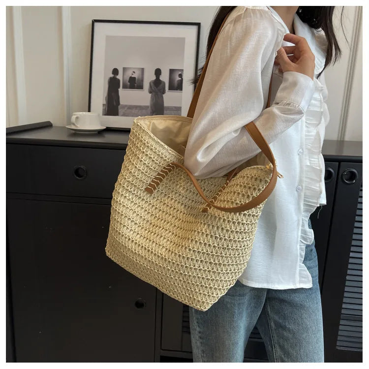 Bolso de Hombro de Paja Tejido a Mano para Mujer – Bolso Tote Bohemio de Verano para Playa, Bolso de Mano Tejido a la Moda 2025 para Viajes, Compras, Vacaciones y Uso Diario Casual