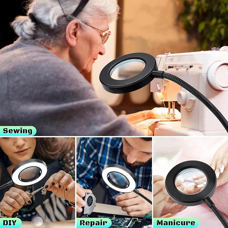 10X LED Magnifying Desk Lamp – 3 Color Light Modes Clamp Magnifier with Flexible Gooseneck for Reading & Nail Art