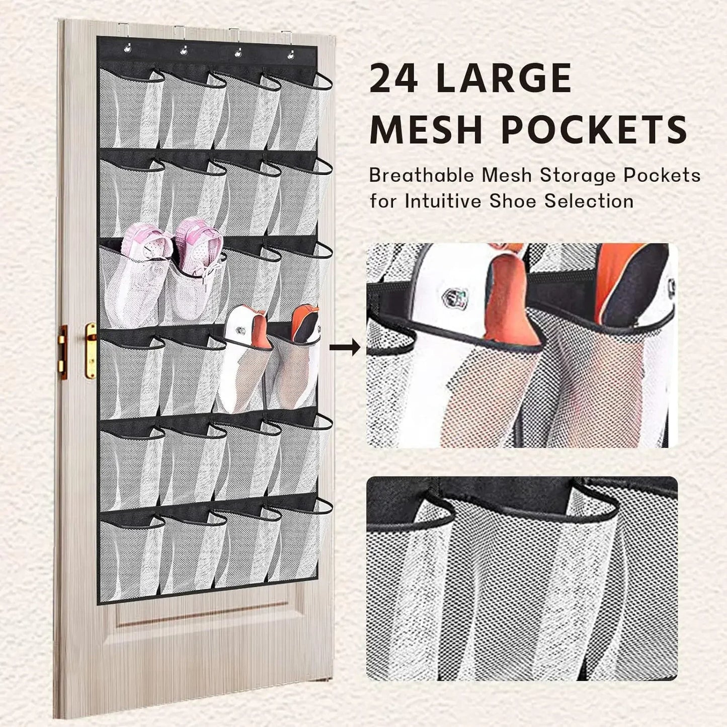 Over-the-Door Shoe Organizer - 12, 14 or 24 Pocket Hanging Shoe Storage with Large Mesh Pockets & 4 Hooks