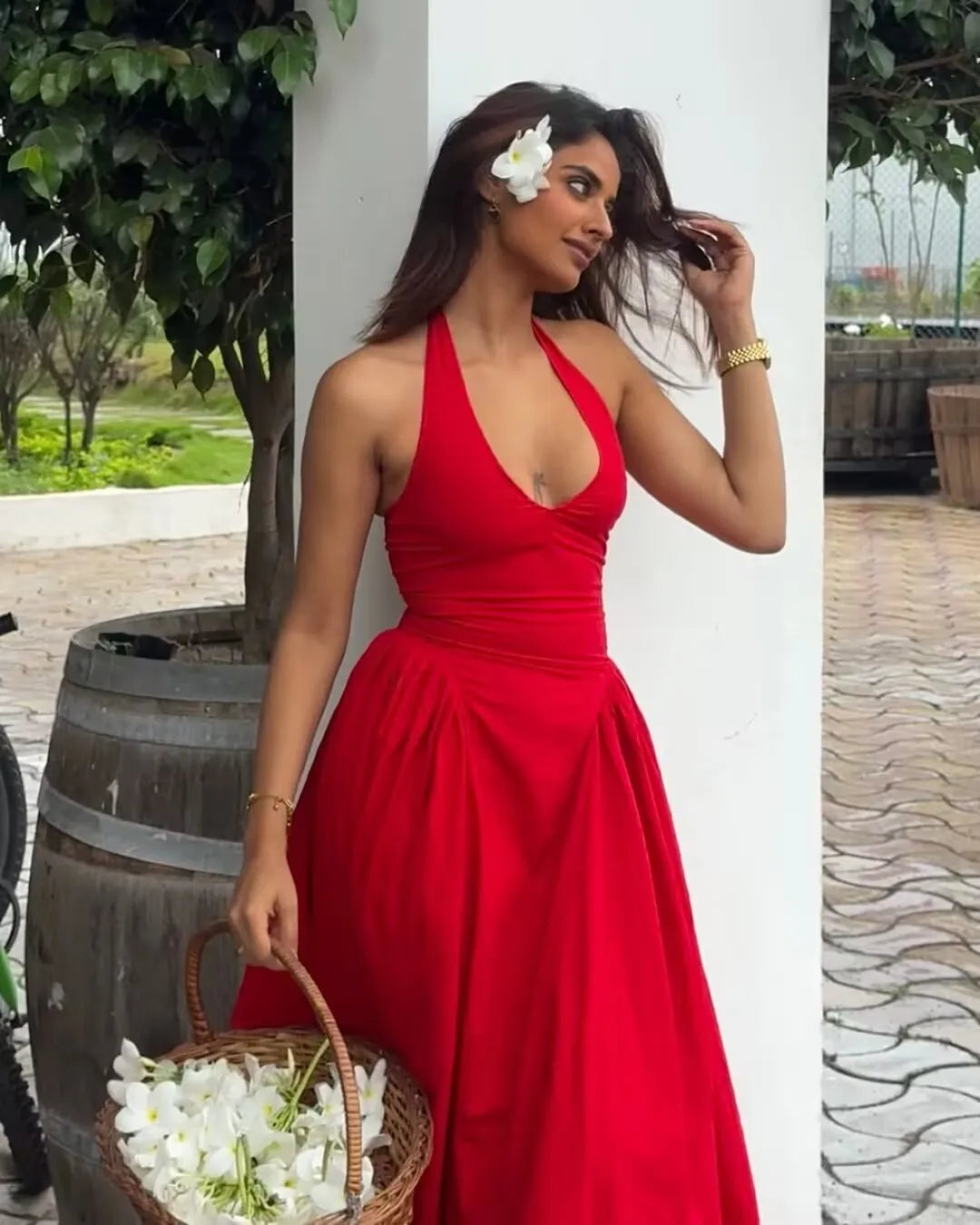 YENKYE Women’s Sexy Backless Green Halter Midi Dress Elegant Low Waist A-Line Cotton Summer Evening Party Robe