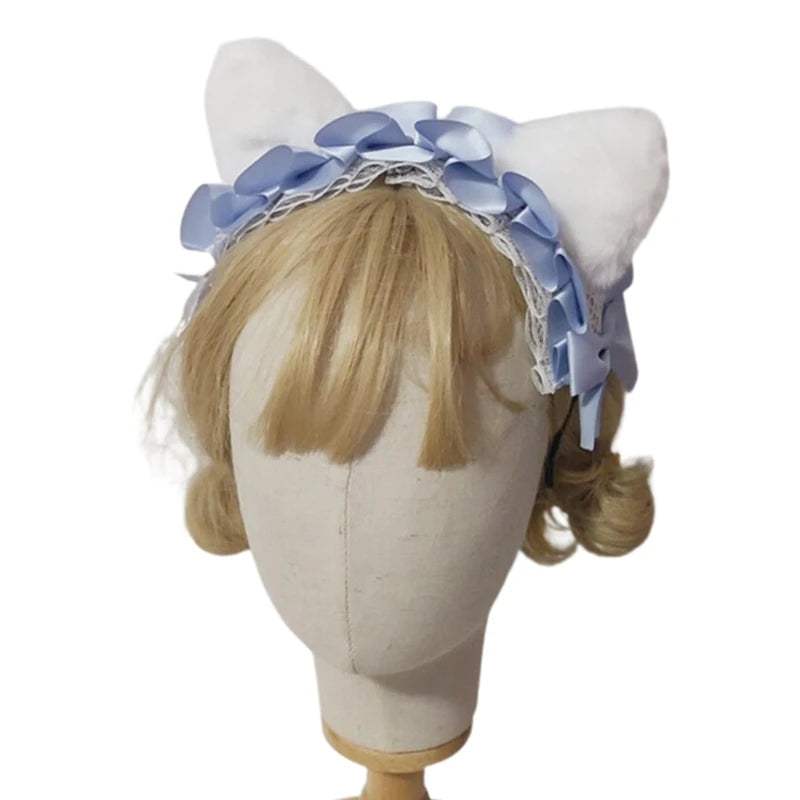 Cute Anime Lolita Cat Ear Headband, Plush Animal Ears with Ruffled Lace, Ribbon Bow and Bell, Kawaii Cosplay Hair Hoop for Masquerade, Costume Parties, and Daily Wear