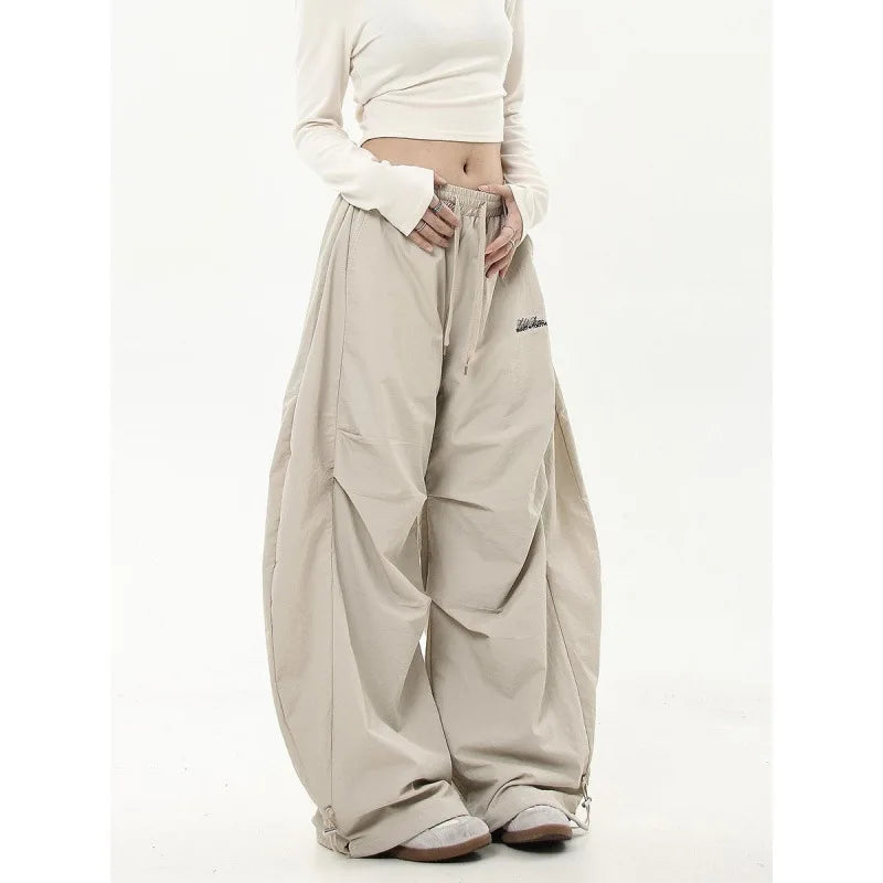American Retro Hip-Hop Cargo Pants – High-Waist Pleated Military Workwear Trousers with Adjustable Drawstring