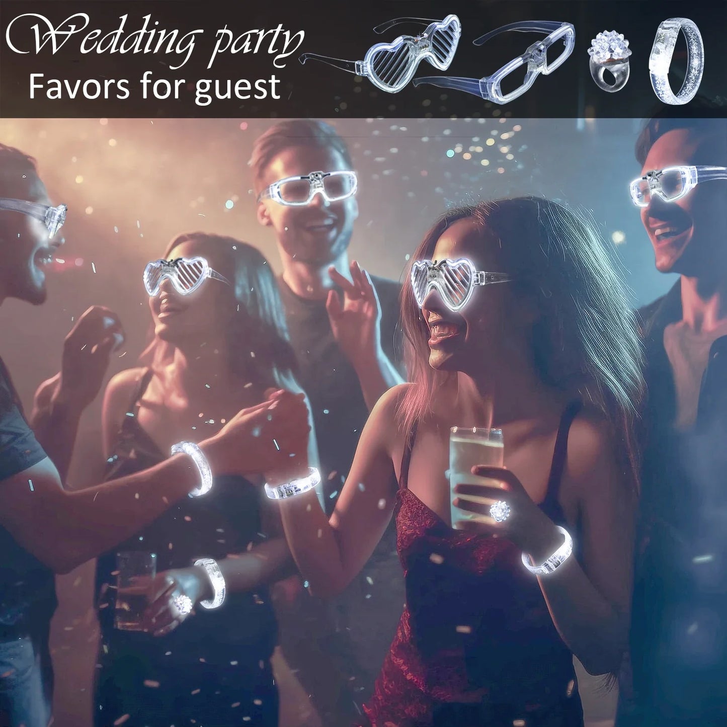 Juego de recuerdos LED para bodas – Gafas luminosas, pulseras que brillan en la oscuridad y anillos parpadeantes para bodas
