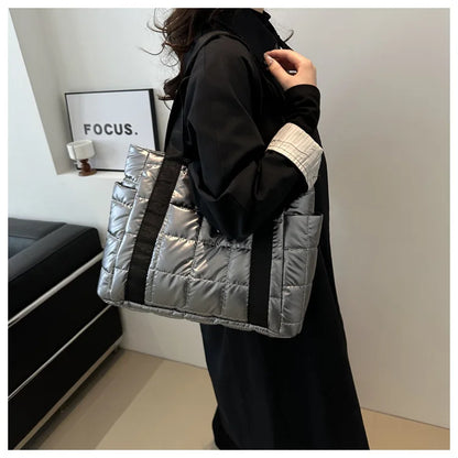 Sac à bandoulière matelassé pour femmes – Grand sac fourre-tout en nylon pour l'hiver 2025, motif en coton chaud, sac à main de voyage décontracté et tendance