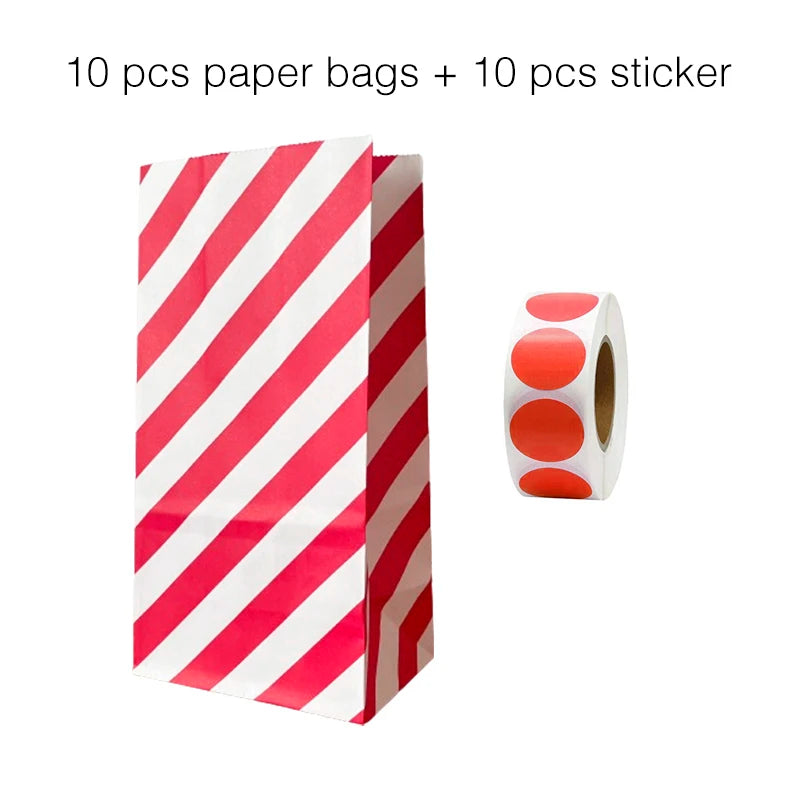 10PCS Stand-Up Colorful Gift Bags with Stickers – Solid, Striped & Polka Dot Treat Bags for Wedding, Birthday & Party Favors (18×9×6cm)