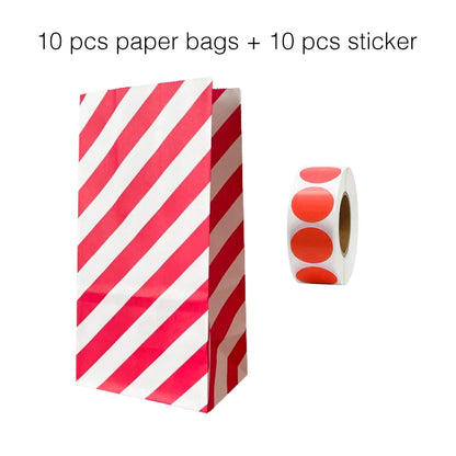10PCS Stand-Up Colorful Gift Bags with Stickers – Solid, Striped & Polka Dot Treat Bags for Wedding, Birthday & Party Favors (18×9×6cm)