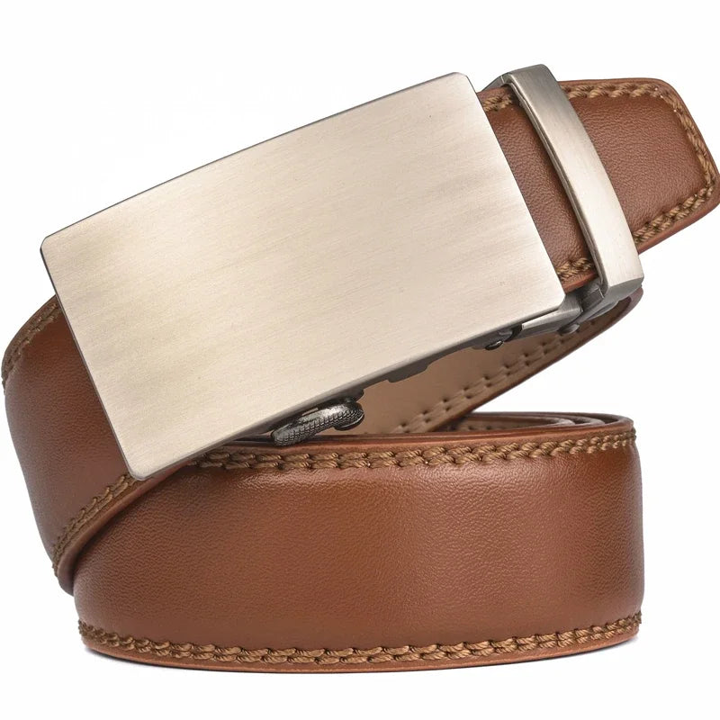 Plyesxale Men's Brown Leather Belt 2026 – Automatic Buckle Vintage Belt for Jeans, Luxury-Style Casual Waist Strap, Ceinture Homme B9