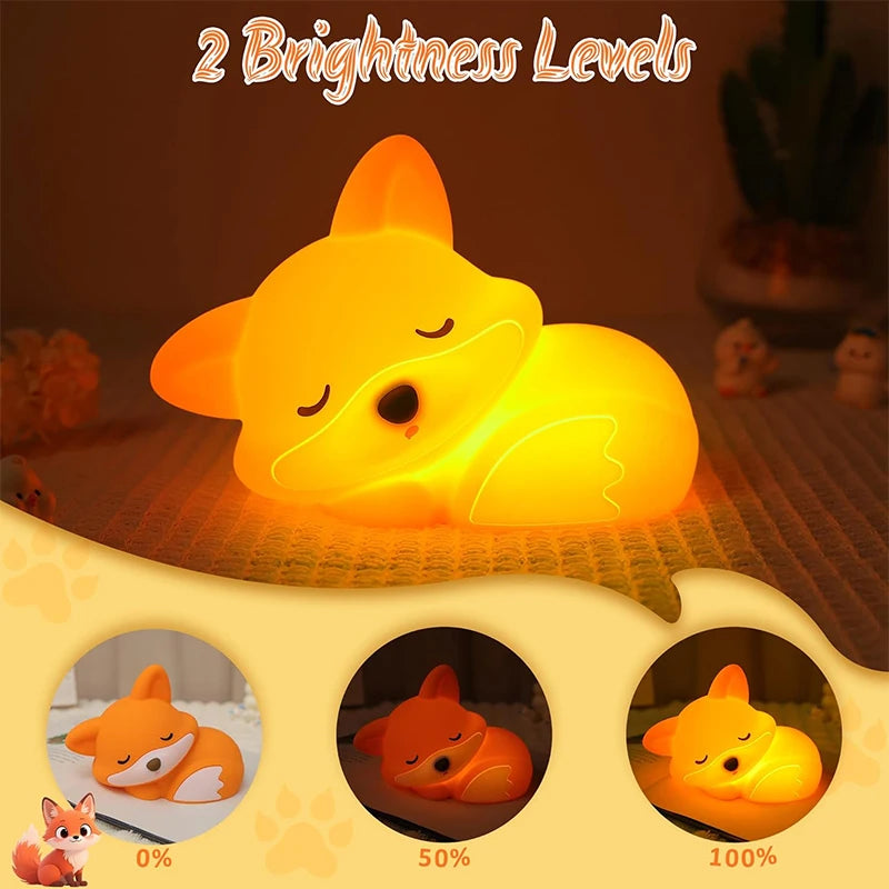 Cute Fox Silicone Night Light – Squishy Rechargeable Touch Lamp with Dimmable Brightness & Timer, Cozy Bedside Nursery Gift