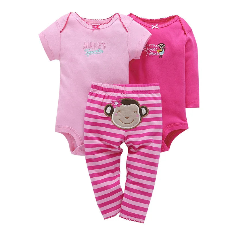 3PCS Baby Bodysuit Set – Soft Cotton Long & Short Sleeve Infant Rompers with Comfortable PP Pants for Baby Boys & Girls
