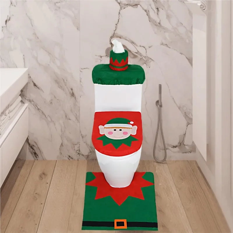 3PCS Christmas Bathroom Decor Set – Festive Toilet Seat Cover, Tank Cover & Bathroom Rugs for Indoor Home Holiday Decoration