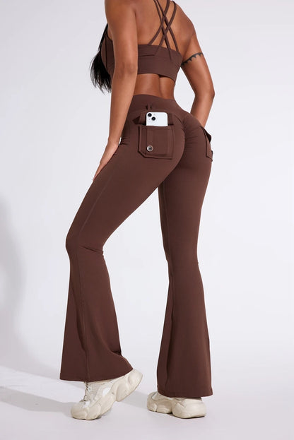 DIAS FIT JOY Pantalon de yoga évasé taille haute pour femme – Legging patte d'éléphant push-up avec poches, pantalon d'entraînement à séchage rapide pour la course, la gym, le fitness et l'exercice