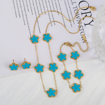 3Pcs Women’s 18K Gold Plated Five Leaf Flower Jewelry Set Clover Necklace Earrings Bracelet Party