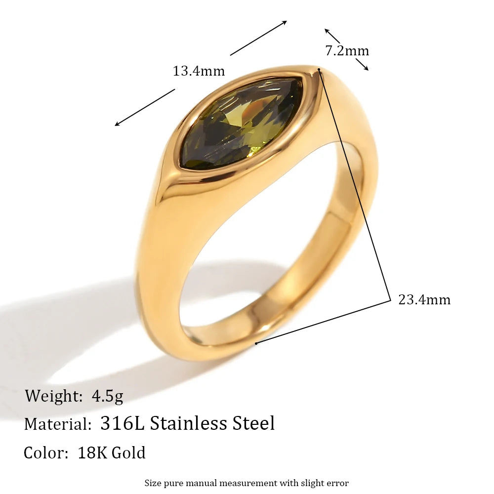 18K Gold Plated Horse Eye Zircon Signet Ring – Hypoallergenic 316L Stainless Steel Colorful Statement Ring for Women