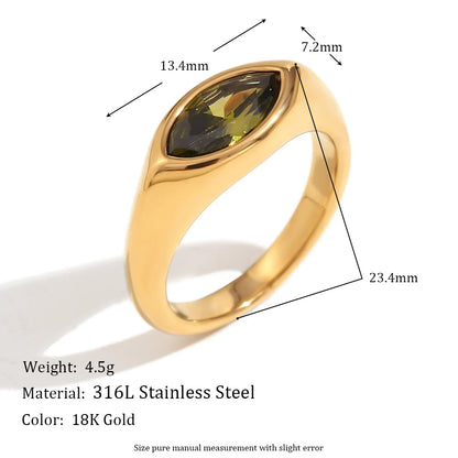 18K Gold Plated Horse Eye Zircon Signet Ring – Hypoallergenic 316L Stainless Steel Colorful Statement Ring for Women