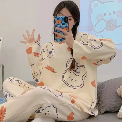 Women's Spring & Fall Pajama Set – Cute Cartoon Long-Sleeve Lightweight Sleepwear for Girls, Students & Homewear