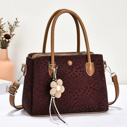 Women's PU Leopard Print Handbag – Large-Capacity Multi-Layer Shoulder & Hand Carry Bag with Textured Finish and Pendant Detail