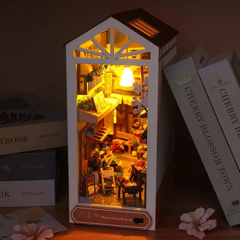 Kit de book nook à fabriquer soi-même – Maquette de maison de poupée miniature en bois à insérer dans une étagère pour adultes, loisirs créatifs et décoration d'intérieur
