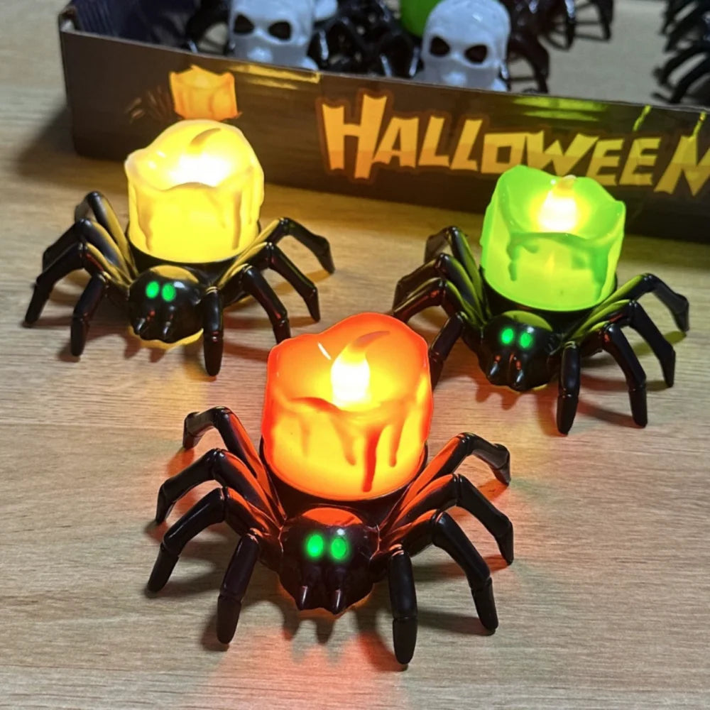 Halloween LED Pumpkin Candle Lamp – Button-Operated Plastic Pumpkin, Spider & Skull Horror Prop Decoration for Bar & Haunted House