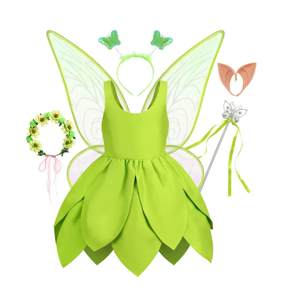 Tinker Bell Fairy Dress for Girls – Fantasy Forest Elf Green Leaf Cosplay Costume for Baby & Kids, Halloween Dress-Up