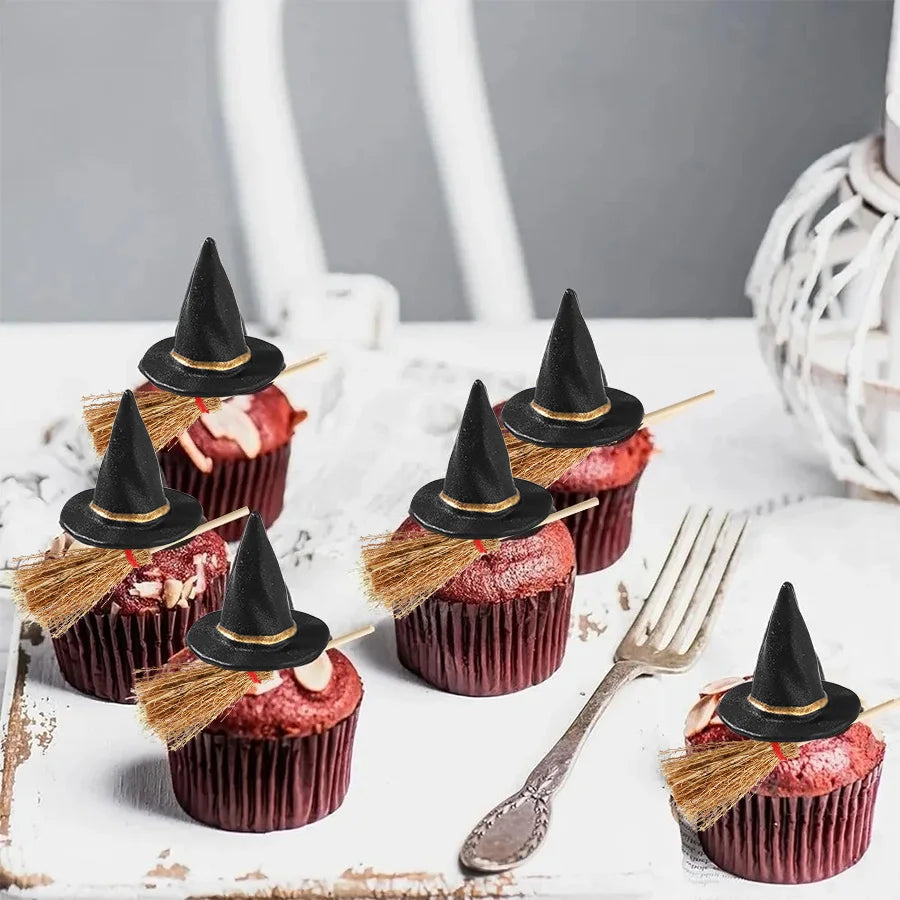 20PCS Mini Witch Hats & Brooms Cake Toppers – Halloween Wizard Hat Cake Decorations for Wedding, Birthday Party & DIY Crafts