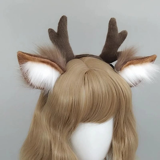 Linda diadema de astas de venado de felpa para mujer – Aro para el cabello de cosplay Lolita accesorio para fiesta de Navidad