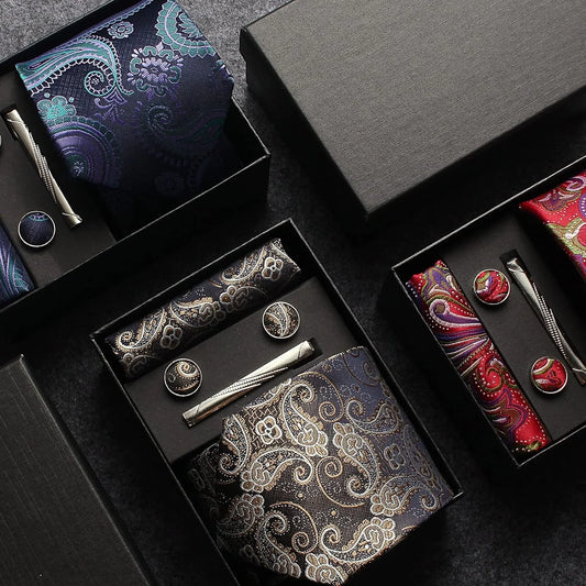 Ensemble cravate 100 % soie à motifs cachemire et floraux pour homme avec pochette, pince à cravate et boutons de manchette, coffret cadeau