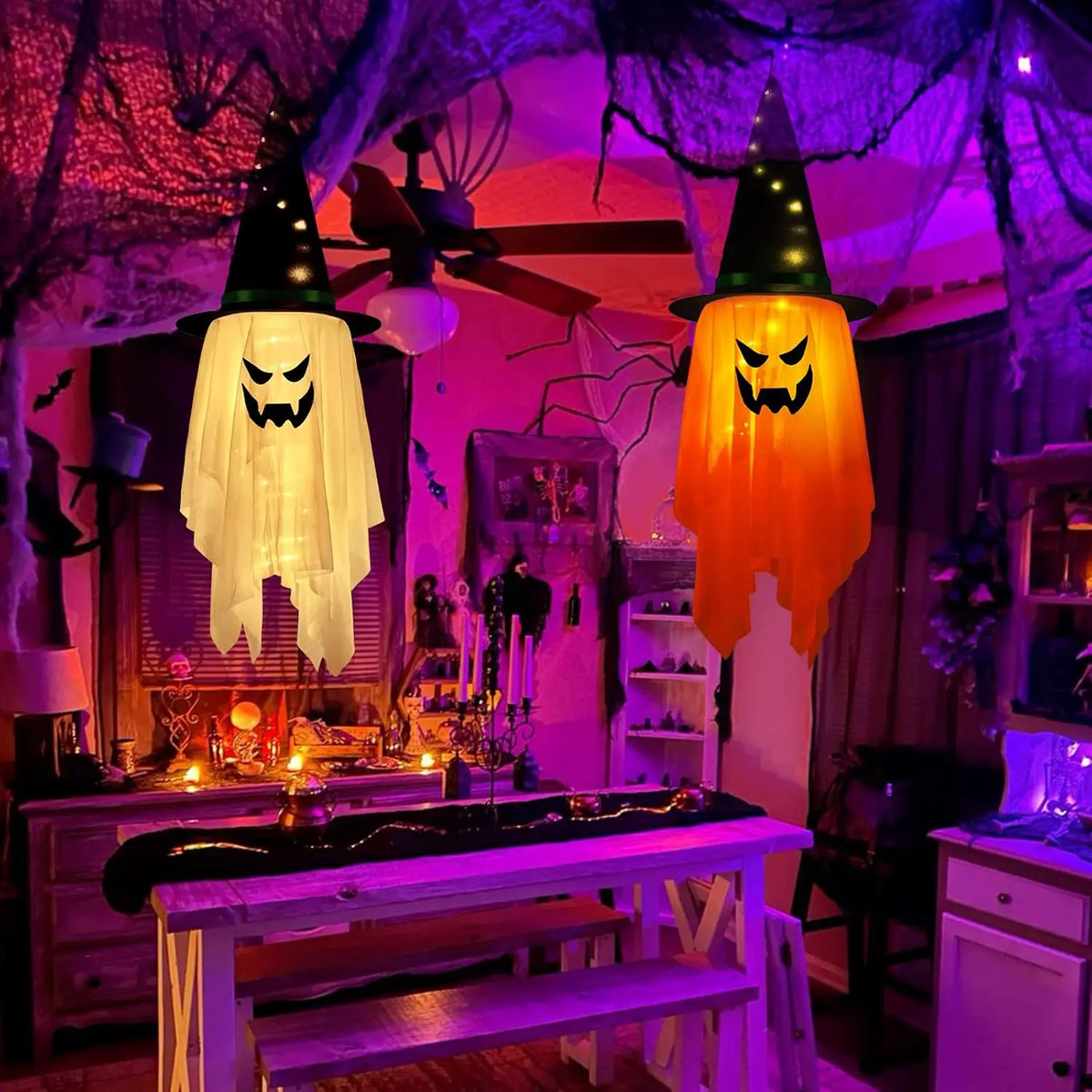 LED Flying Witch Hat Halloween Decorations – Hanging Ghost Lights & Glowing Wizard Lamp for Bar, Party, Dress-Up & Spooky Decor