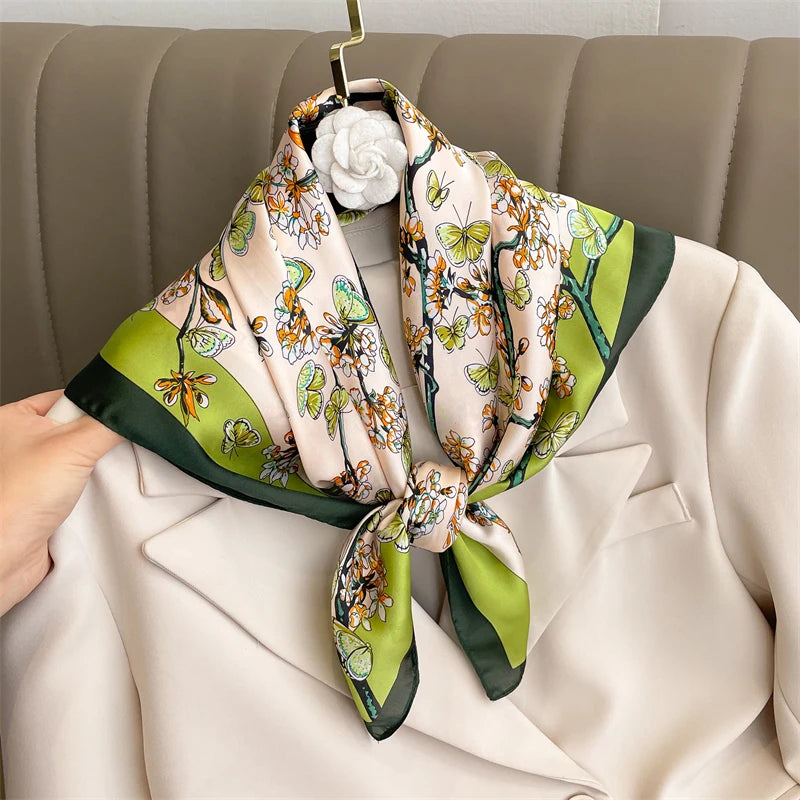 70x70CM Foulard en soie imprimé pour femme – Châle Pashmina carré tendance, tour de cou de luxe, bandeau et bandana décoratif