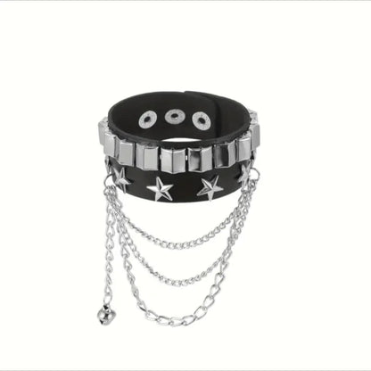 4-Piece Gothic Punk Bracelet Set – Square Rivet Metal Chain & Tassel Bracelets for Men & Women | Rock Fashion Jewelry Gift