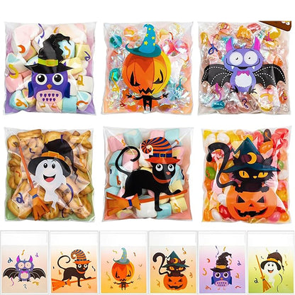 100PCS Halloween Self-Adhesive Treat Bags – Clear Candy & Cookie Packaging Bags for Kids’ Birthday Parties, Party Favors & Gifts
