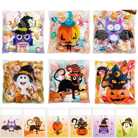 100PCS Halloween Self-Adhesive Treat Bags – Clear Candy & Cookie Packaging Bags for Kids’ Birthday Parties, Party Favors & Gifts