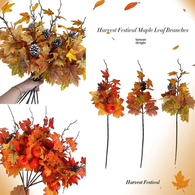 Artificial Fall Maple Leaf Bouquet with Decorative Berries – Low-Maintenance Harvest Festival Flowers for Autumn Home & Table Decor