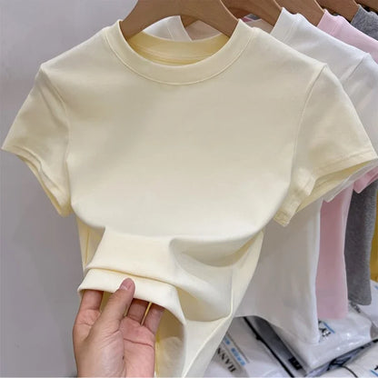 Zjaiss 2026 T-shirt col rond mode été sexy basique uni à manches courtes pour femme style coréen décontracté streetwear