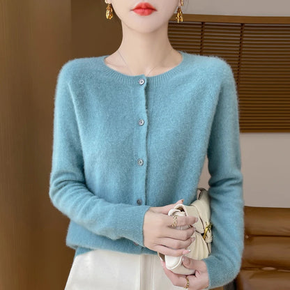 Women's 100% Merino Wool Long-Sleeve Sweater – O-Neck Knit Cardigan-Style Top for Spring & Autumn, Soft Basic Fashion Knitwear