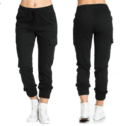 Women's Cargo Jogger Pants – Solid Color Multi-Pocket Drawstring Trousers with Elastic Waist, Casual Sportswear & Streetwear Long Pants