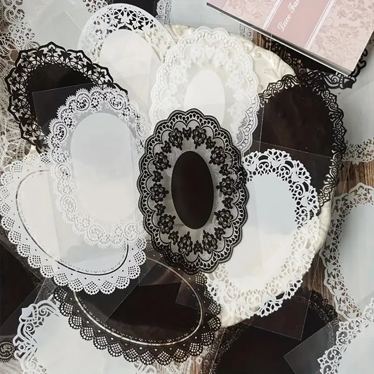 30 pegatinas de encaje vintage en blanco y negro – Pegatinas decorativas retro de PET para diarios, álbumes de recortes, collage DIY y manualidades de álbumes