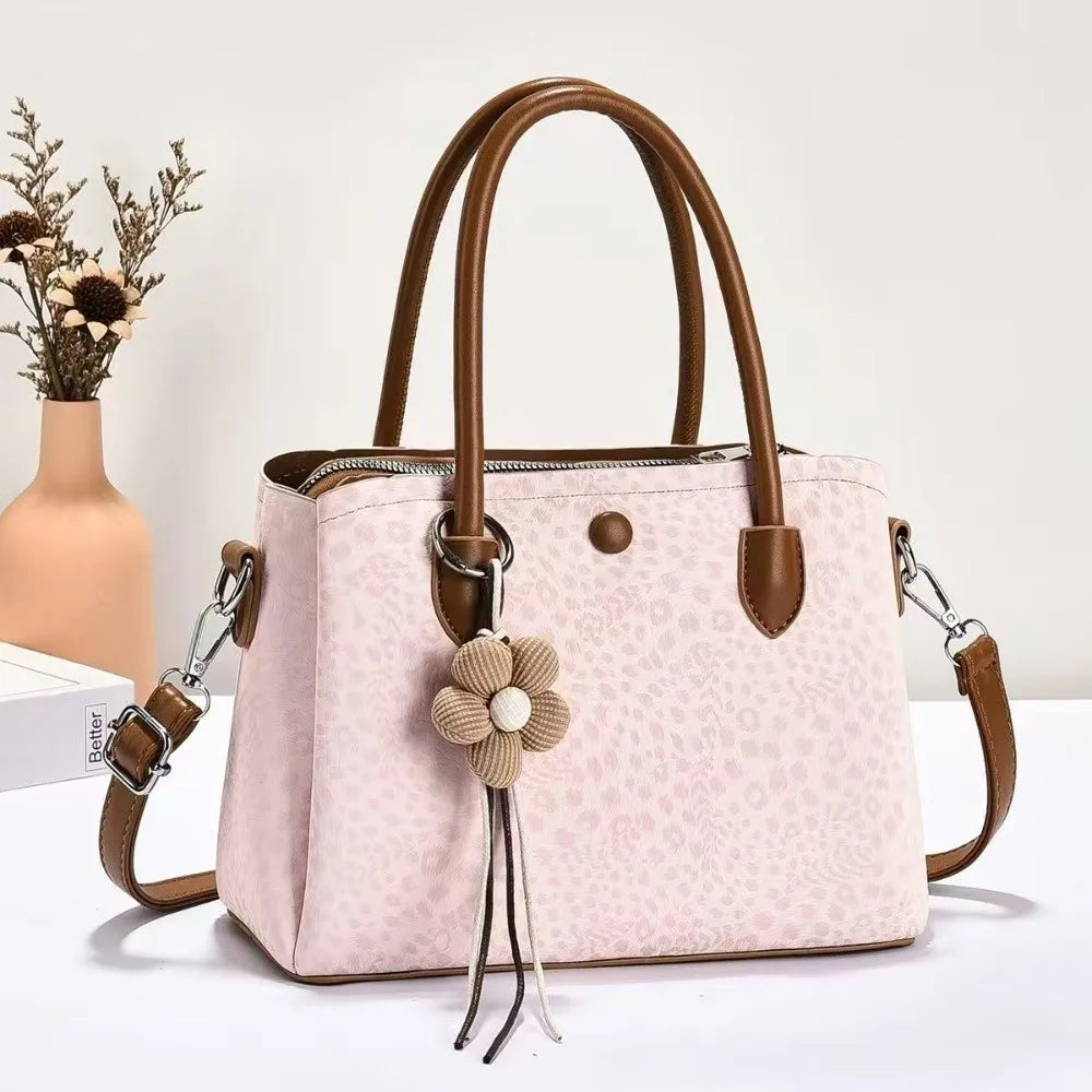 Women's PU Leopard Print Handbag – Large-Capacity Multi-Layer Shoulder & Hand Carry Bag with Textured Finish and Pendant Detail