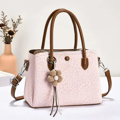 Women's PU Leopard Print Handbag – Large-Capacity Multi-Layer Shoulder & Hand Carry Bag with Textured Finish and Pendant Detail