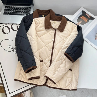 Women’s Cotton-Padded Winter Coat – Casual Warm Parka with Contrast Colors & Lapel Collar, Plus-Size Autumn/Winter Outerwear