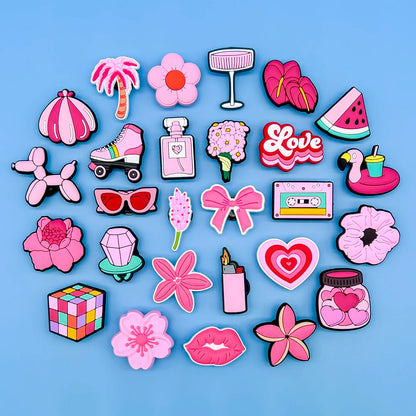 1/30PCS Girls' Shoe Charms – Flower, Perfume, Piano & Cassette Clog Pins in Pink, Cute Shoe Decorations for Women & Kids
