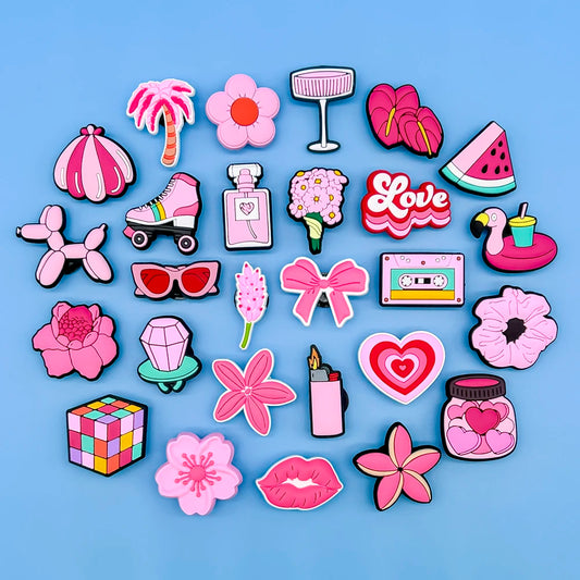 1/30PCS Girls' Shoe Charms – Flower, Perfume, Piano & Cassette Clog Pins in Pink, Cute Shoe Decorations for Women & Kids