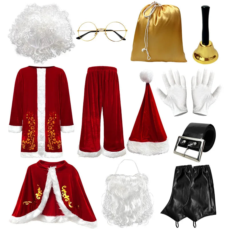 Men's Santa Claus Costume Set Gold Foil Print Christmas Outfit, Sizes M–6XL, Festive Holiday Cosplay Performance Suit for Christmas Parties and Halloween Dress-Up